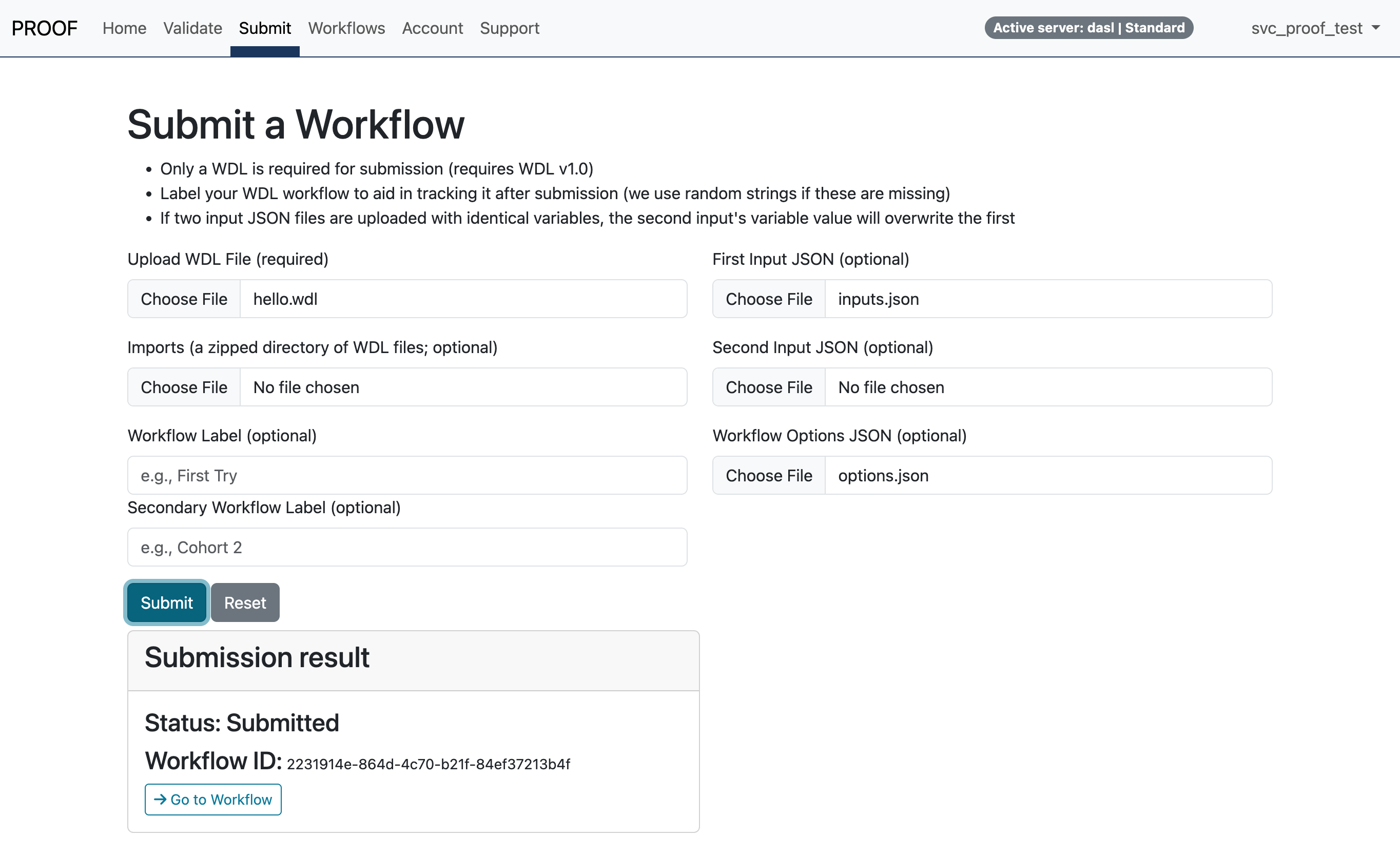 Validate and submit your WDL